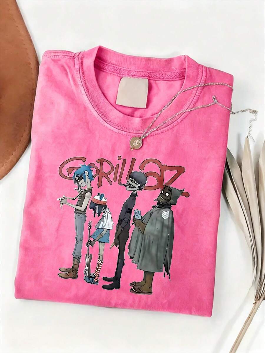 Vintage 90s Y2K Graphic Cotton T-Shirt - Distressed Washed Brown Crew Neck Tee For Men & Women, Punk Rock Music Band Design, Casual Summer Wear - 玫紅色 - 查看 1