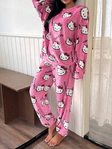 Sanrio 女士保暖长袖睡衣套装（两件套），包含上衣和裤子，秋冬季保暖舒适。 - 粉色 - 查看 5