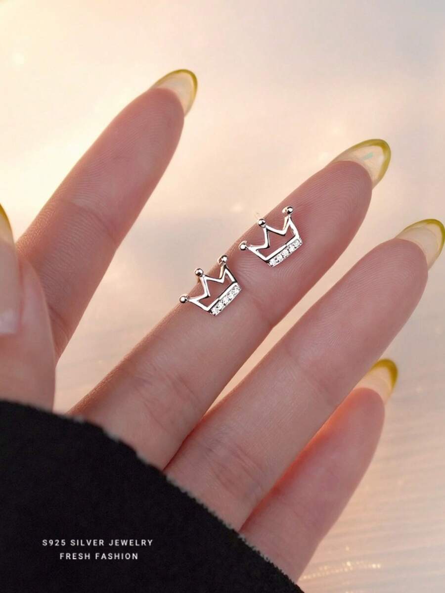 S925 Sterling Silver Cubic Zirconia Hollow Crown Stud Earrings, Delicate, Minimalist, Cute & Sweet Korean Style Jewelry