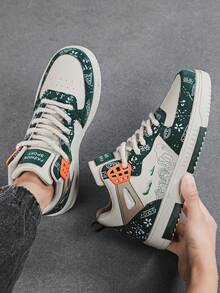 Men's Forest Style Lace-Up High-Top Casual Flat Shoes, Random Print Pattern College Style Comfortable Outdoor Sports Sneakers For Teenagers And Young Adults