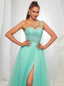 VIPGIRL A字型单肩薄纱连衣裙，高开衩设计 - 女士长款串珠正式晚礼服 - 青碧色 - 查看 4