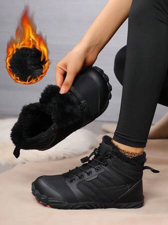 Women's Snow Boots Short Boots, Thick Warm Thermal Lined Outdoor Short Boots, Flat Wide Toe Sports Boots, Lace-Up Fashion Casual Boots, Outdoor Skiing Boots, Loose & Comfortable
