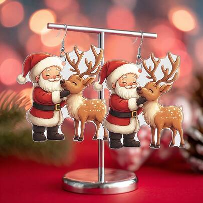 1 Pair Santa Claus & Reindeer Cute Cartoon 2D Funny Earrings, Suitable For Christmas Wear