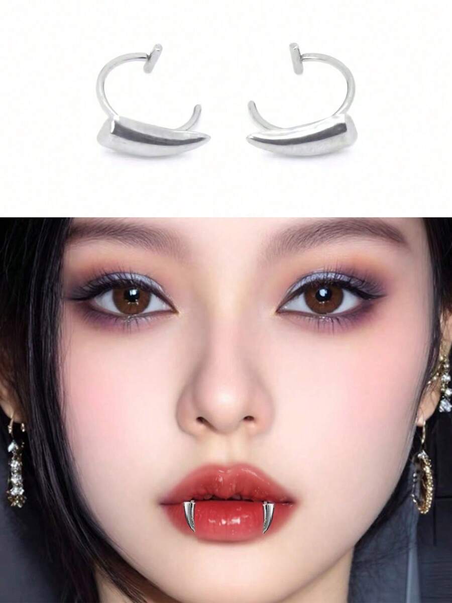 1 Pair Gothic Style Dark Vampire Square Lip Rings, Stainless Steel Bunny/Devil Teeth Adjustable & Openable Lip Jewelry, Suitable For Cosplay, Halloween