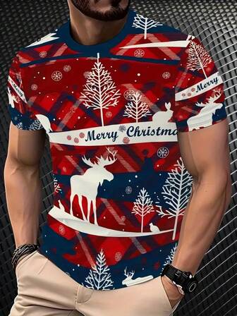 Manta cómoda de Navidad con decoración de renos y bosque de invierno, regalo festivo, camiseta de cuello redondo de manga corta para hombre