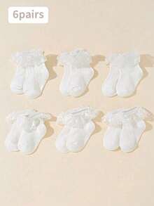 6 双白色蕾丝边袜子，透明蕾丝网格透气柔软洛丽塔风格袜子，时尚全季女童袜子，舞蹈袜，春夏秋冬 - 白色 - 查看 7