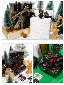 Christmas Foil Gift Wrapping Paper, Retro Black & Gold Deer, Snowflake, Christmas Tree Pattern, Gift Packaging Paper