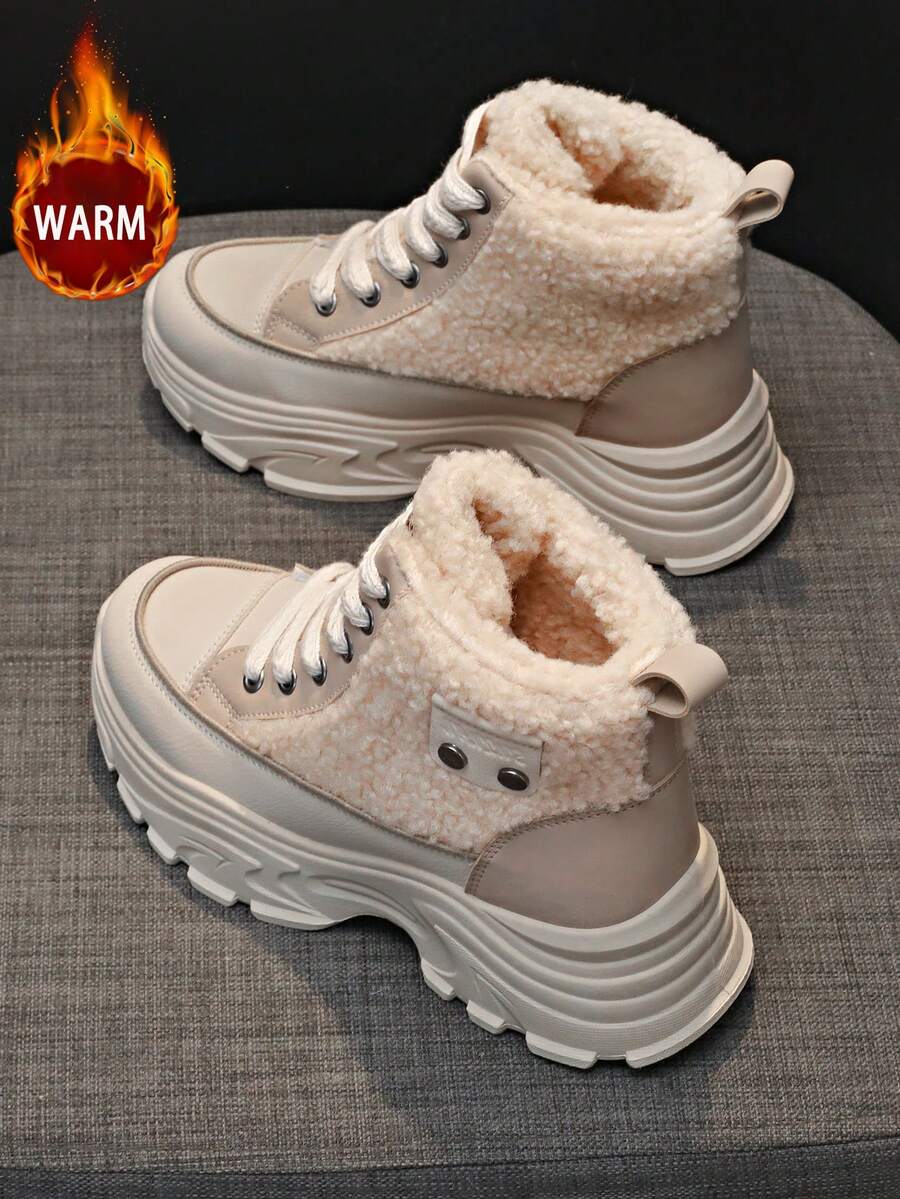 1 双高品质女式冬季系带多功能时尚休闲高帮保暖羊毛雪地靴，厚底靴子适合户外运动休闲日常穿着 - 卡其色 - 查看 1