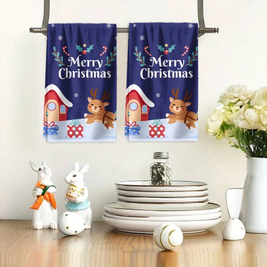 2PCS Christmas Kitchen Towels Merry Christmas House Reindeer Candy Cane Multifunctional Towels, Highly Absorbent, Aesthetic Design, Soft Microfiber, Suitable For, Hotel, Travel, Outdoor, Winter Decor Gift