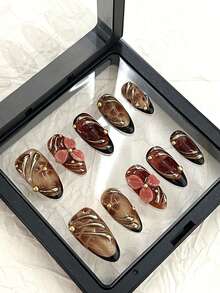 MXYIYANR 10片棕色杏仁形手工按压式美甲贴片，黑色法式指尖，棕色手绘花朵，精细闪粉甲面，3D立体花朵和镀铬浮雕装饰手工假指甲，可拆卸可重复使用，适合女孩和女士秋冬季日常佩戴，新年、感恩节、情人节、校园美甲装饰 - 棕色 - 查看 3