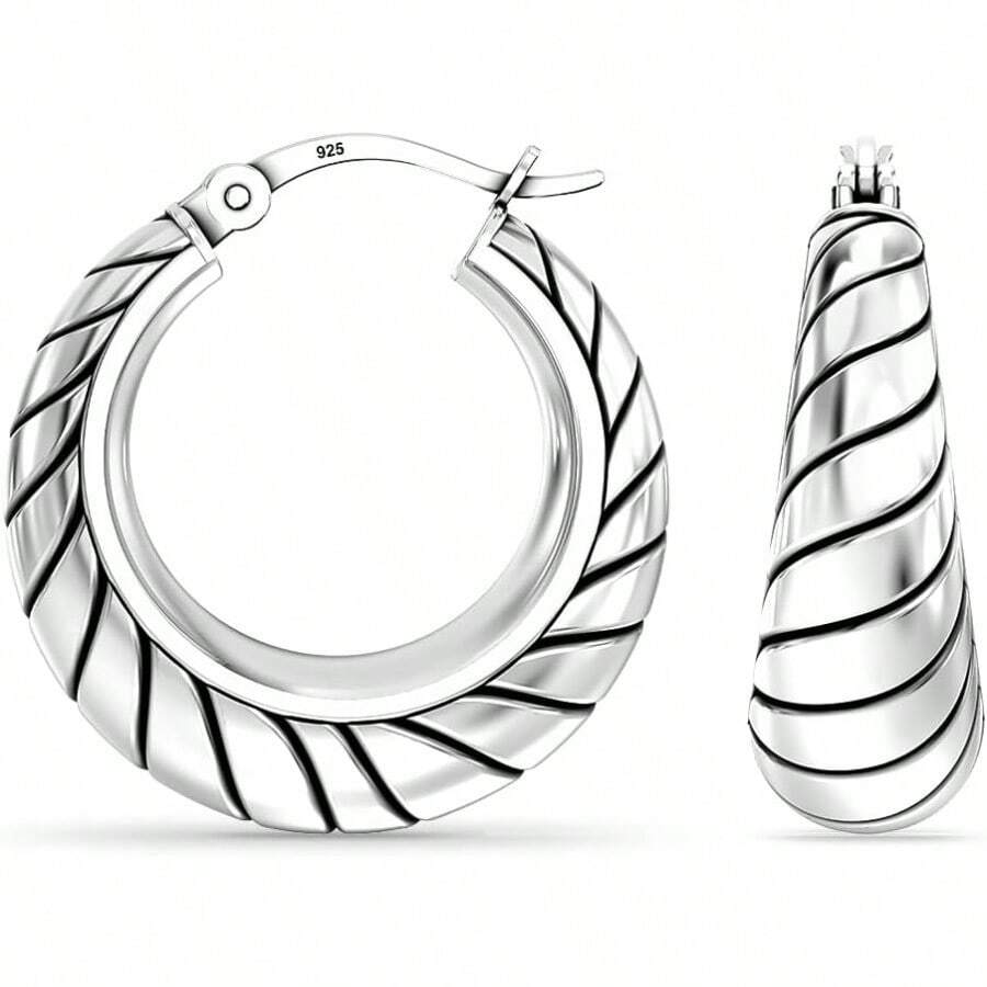 925 Sterling Silver Hoop Earrings SMALL Italian Inspired Filigree Hoop Earrings Lightweight Click Top Antique Oxidized Jewelry Small Chunky Filigree Earring Hoops For Women