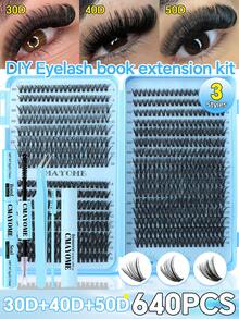 640件DIY睫毛延长套装 - 混合长度10-16毫米，包含10D、20D、30D、40D、50D簇状睫毛、猫眼睫毛、Cosplay睫毛、俄罗斯卷睫毛、自然睫毛、浓密睫毛和夸张睫毛等款式，含粘合剂和密封胶、镊子，适合初学者使用，厚度0.07毫米，D型卷翘，适合家庭使用。睫毛簇状套装，睫毛，假睫毛
