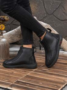 Winter Warm Velvet Women's Boots, Retro Stitching Side Zipper Leather Short Boots, Non-Slip Soft Sole Middle-Aged Mother Comfortable Boots