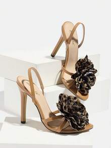 Jin Bei Qi 女士露趾交叉踝带细高跟凉鞋，亮面皮革，花卉装饰，优雅户外派对鞋，时尚正式场合高跟鞋，浪漫杏色，春夏装扮 - 杏色 - 查看 5