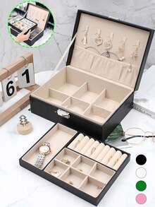 1pc Black Double Layer PU Leather Jewelry Storage Box Large Capacity Earrings, Necklaces, Bracelets Storage Box - Multicolor - View 2