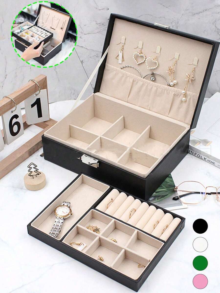 1pc Black Double Layer PU Leather Jewelry Storage Box Large Capacity Earrings, Necklaces, Bracelets Storage Box