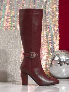 Women's Over-The-Knee Boots, Side Zipper High Shaft Boots, Outdoor Commute, Minimalist Versatile, Autumn/Winter Thick Heel Tall Boots, Round Toe Fashion Buckle Riding Boots, Non-Over-The-Knee Tall Boots, Wine Red High Heel Boots (Run Half Size Large) - 酒紅色 - 查看 5