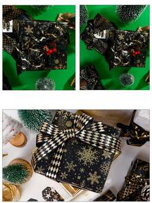 Christmas Foil Gift Wrapping Paper, Retro Black & Gold Deer, Snowflake, Christmas Tree Pattern, Gift Packaging Paper