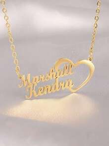 1 Customized 2 Name Heart-Shaped Necklace Suitable For Families And Couples, Stainless Steel Personalized Double Name Pendant, Gold-Plated Chain Collar, Couple Jewelry, Ladies' Birthday Party Jewelry Gift, Customized 2 Name Ladies' Necklace, Men's Halloween Jewelry, Halloween, Christmas Gift, Customized Fashionable Text Necklace, Street Leisure Chic - Multicolor - View 5