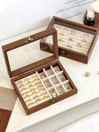 1 st smyckeslåda med stor kapacitet, smyckeslåda i valnötsträ och sammet, smyckesförvaringslåda med flera lager för halsband, örhängen, armband, ringar, badrum, skåp, byrå