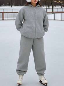 2 pezzi Set di felpa con cappuccio e pantaloni in vita elastica di colore unito, adatto per sci, attività all'aperto, ufficio, casual, primavera, autunno, inverno - fiore grigio - Visualizzare 3