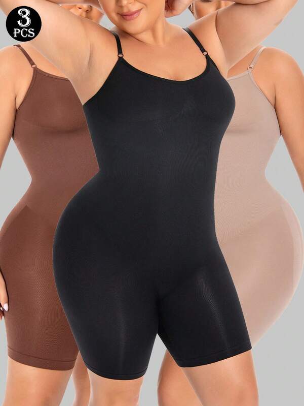3pcs Women's Seamless Bodysuit Shapewear Black Bodysuit, Yoga, Daily Wear