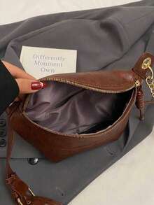 Túi đeo ngực thời trang nữ, chất liệu PU, khóa kéo, túi đựng điện thoại di động, túi đeo hông, màu trơn, kiểu dáng tối giản, túi đeo chéo, thích hợp cho mua sắm, hẹn hò, đi chơi, kích thước nhỏ gọn. - màu nâu - Xem 5