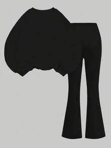 Tween Girls Clothing Tween Girls Clothing, Black Round Neck Sweatshirt And Black Flared Pants Suit With Leopard Heat Print Pattern, Fashionable And Casual Style, Suitable For Sports, Back To School, Travel, Party - Black - View 4