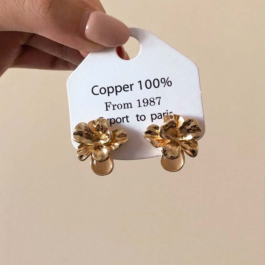 1 Pair Vintage French Cat Eye Stone & Metal Flower Earrings, Delicate Earrings With Unique Design For Women