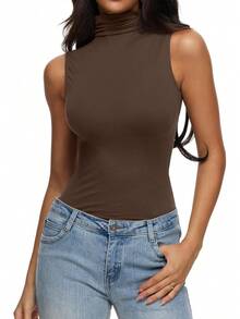 Women's Fall Sleeveless Mock Turtleneck Tops Slim Fitted Shirts Office Casual Going Out Vest Cute Clothes CZJQ - 咖啡 - 查看 11
