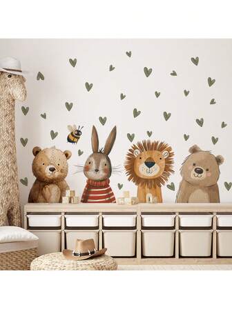 BRUP 1/2 张可爱动物墙贴，带有熊、兔子、狮子和绿色爱心，可移除防水育儿室贴花，适用于儿童房装饰，卡通森林主题即撕即贴艺术