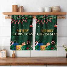 2PCS Christmas Kitchen Towels Merry Christmas Green Garland Lights Multifunctional Towels, Aesthetic Design, Quick Dry, Soft Microfiber, Suitable For, Picnic, Travel, Hotel, Winter Decor Gift