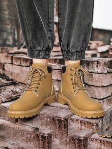 男士新款户外靴，2025春秋款，厚底徒步鞋，多功能短靴，英伦风工装靴，高帮鞋，复古英伦风徒步靴，黑色皮靴（尺码偏小一码） - 卡其色 - 查看 4