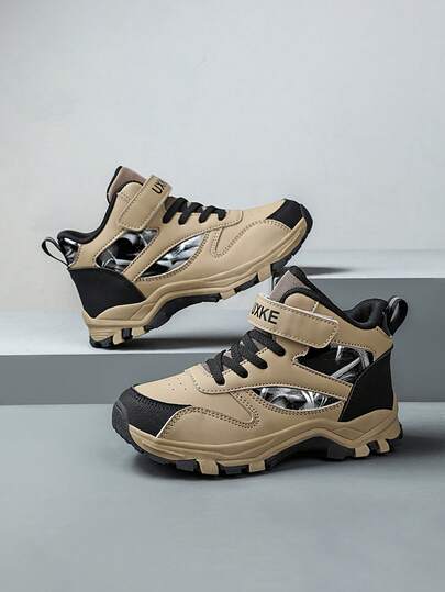 1 Pair Children's Hiking Shoes, Convenient Hook And Loop Design, Stylish Non-Slip Durable Mid-Top Outdoor Sports Shoes For Kids, Trekking And Hiking