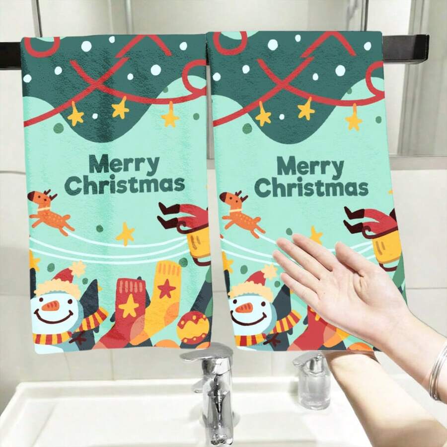 2PCS Christmas Kitchen Towels Merry Christmas Snowman Reindeer Stars Fingertip Towel, Quick Dry, Highly Absorbent,, Suitable For, Hotel, Travel, Dining Room, Winter Decor Gift