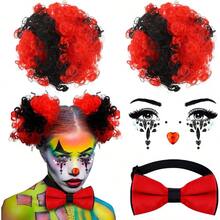 Dingion 4 Pcs Halloween Clown Accessories For Women Includes Hair Clip On Puff Buns Jewel Rhinestone Stickers Clown Bowtie