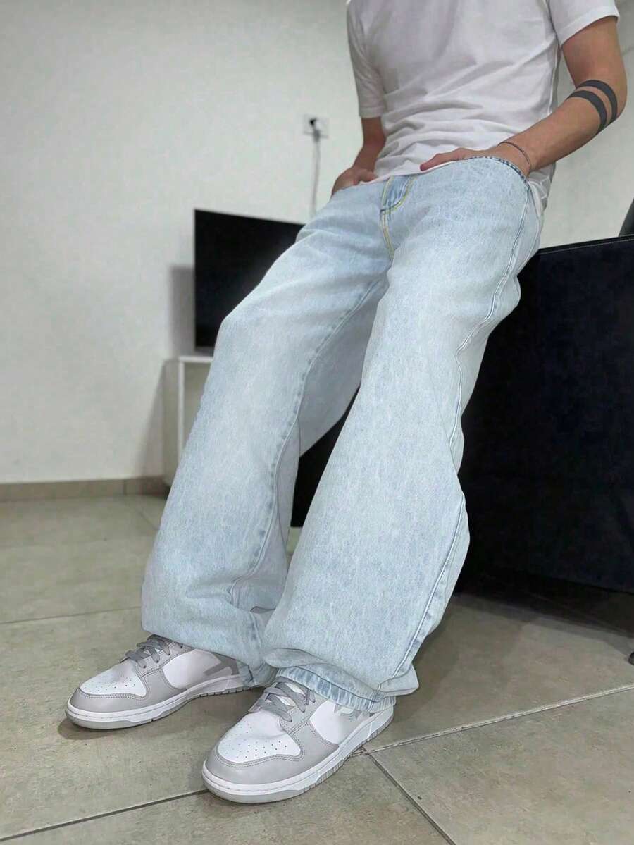 宽松无弹直筒水洗棉质牛仔裤，百搭阔腿水洗牛仔裤，情侣款直筒宽松水洗牛仔裤，Y2K风格休闲裤，纽扣拉链设计，适合所有季节