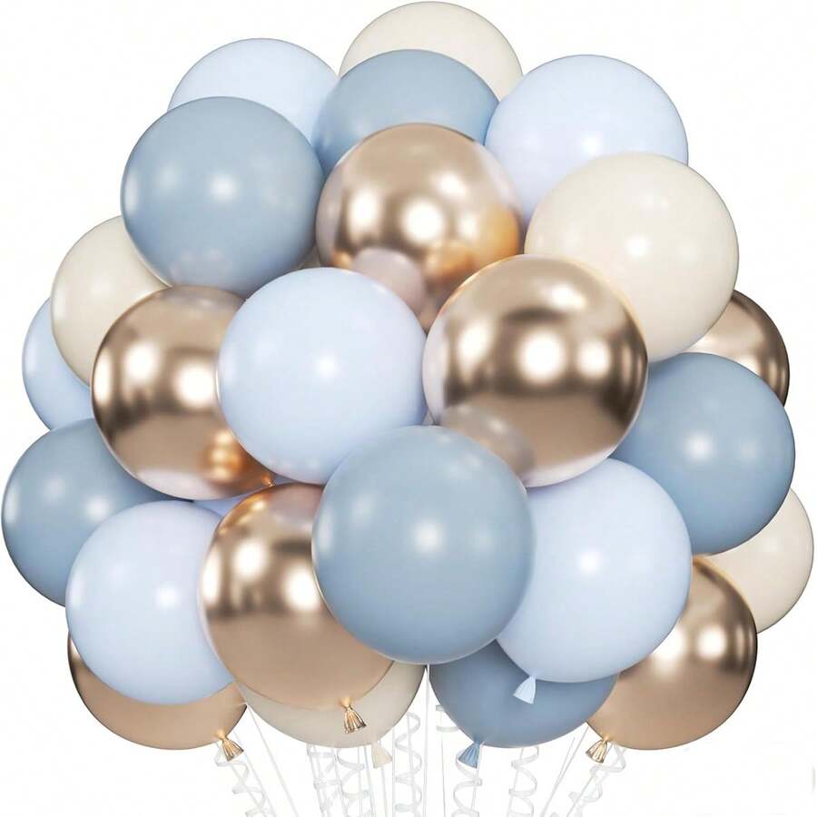 35pcs/Set 10-Inch Ice Silk Misty Blue, Macaron Blue, Metallic Champagne Gold And Vintage Sand White Balloon Set, Suitable For Birthday, Wedding Decoration, Graduation Decoration, Back To School, Engagement, Bridal Shower, Balloon Arrangement, Balloon Party - Mist Blue - View 1