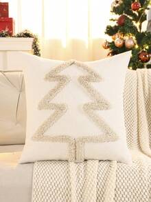 1 pieza Funda de almohada decorativa navideña de peluche, diseño de árbol de Navidad y cabaña, adecuada para sala de estar, sofá, dormitorio, regalo navideño