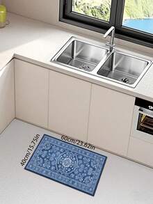 1 pieza Alfombra de área con estampado vintage de flores azules de estilo mediterráneo, adecuada para sala de estar, dormitorio, entrada, cocina, baño, sala de juegos, estudio, lavable a máquina y duradera