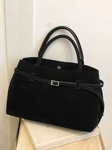 1pc BUTFLY Vintage Style Large Capacity Suede Handbag, Solid Color, Fixed Shoulder Straps, Buckle Closure, Polyester Lined, Fabric Tote For Daily Commute, Date, And Travel