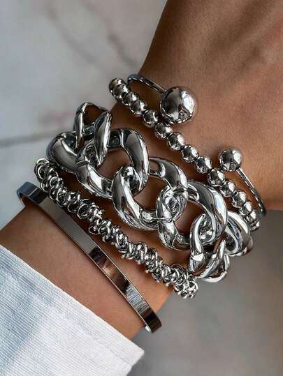 5개 빈티지 캐주얼 미니멀리스트 스타일 여성 실버 그레이 청키 체인 비드 탄성 팔찌 세트, 데일리 웨어 및 파티에 적합, 스택 가능