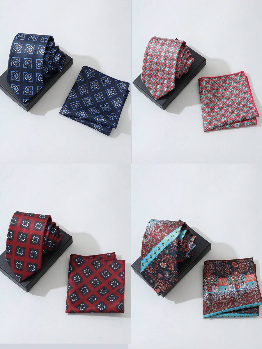 1 Set de Corbata y Pañuelo Casual Europeo Retro para Hombre, Corbata Estampada + Set de Pañuelo, Adecuado para Vestimenta Formal, Banquetes, Bodas, Todas las Estaciones