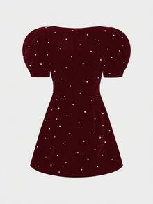 Elegant French Romantic Party Dress, Puff Sleeve Pearl Decor Mini Dress For Birthday Party, Date