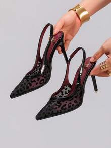Leopard Print Lace Patchwork High Heel Shoes, Sexy Pointed Toe Backstrap Fashion Super High Heel Sandals For Party, Banquet, Event