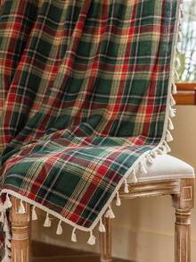 1 perdea în carouri verzi țesute în culorile Crăciunului, stil britanic vintage, țesătură periată, decor cu franjuri, lavabilă, buzunar pentru tijă, filtrare a luminii, separator de cameră, perdea scurtă de bucătărie, decor pentru casă, decor de Anul Nou, potrivită pentru dormitor, living, birou, sufragerie, balcon, petrecere de sărbători, decor de toamnă, decor de Anul Nou, decor de Crăciun, Crăciun fericit