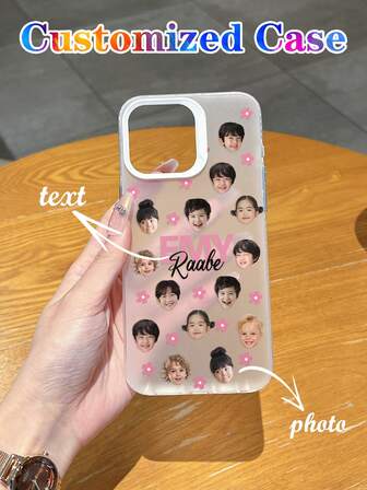 1 pieza Funda de teléfono con retrato personalizable de mascota/bebé/miembro de la familia, nombre personalizable en inglés de pila y apellido, patrón floral rosa, uso diario lindo y fresco, funda de teléfono mate antichoque IMD compatible con iPhone 17, 16 PLUS, 11, 13 Pro Max, 12, 15 Pro Max, 14