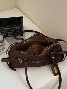 1pc Fashionable PU Commuter Bag, Minimalist Solid Color Vintage Style Casual Shoulder/Underarm Bag For Women, Autumn/Winter - Coffee - View 6