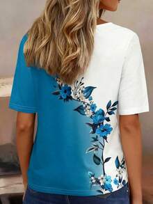 Áo thun ngắn tay cổ chữ V cài cúc, kiểu dáng thường ngày, thích hợp cho nữ, đi nghỉ mát mùa hè. - Màu xanh lam - Xem 2