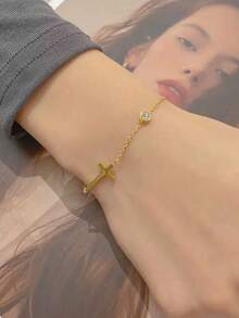 1 Set Minimalist Compact Cubic Zirconia Cross Necklace & Bracelet Jewelry Set For Women, Elegant Cross Pendant Necklace, Shiny Cross Bracelet, Suitable For Women's Daily And Commute Wear, Multifunctional Jewelry Set